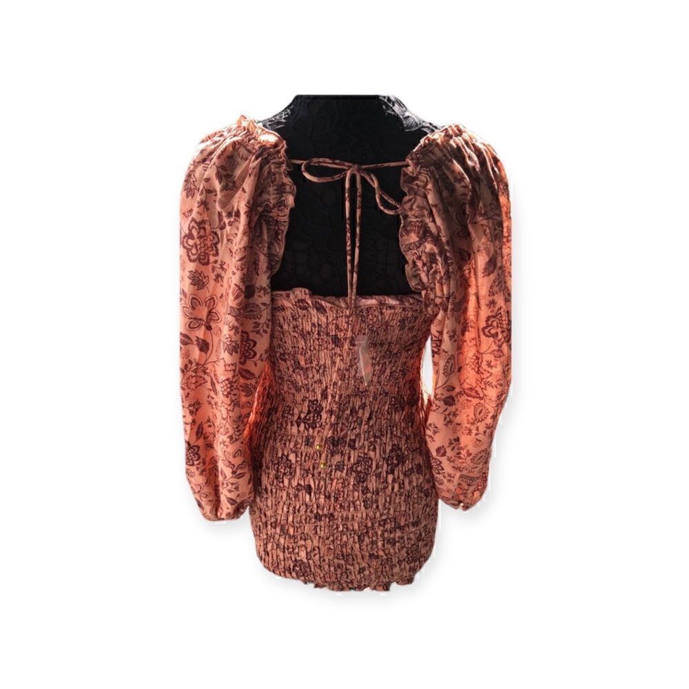 Free People Women’s Dress Rust Peach Copper Mini Elastic Ruffle Big Sleeves Bow